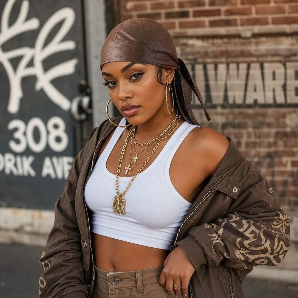 Hip Hop PU Durag Pirate Bandana Hat – Adjustable Head Scarf Durag Bandana Hat Nixie
