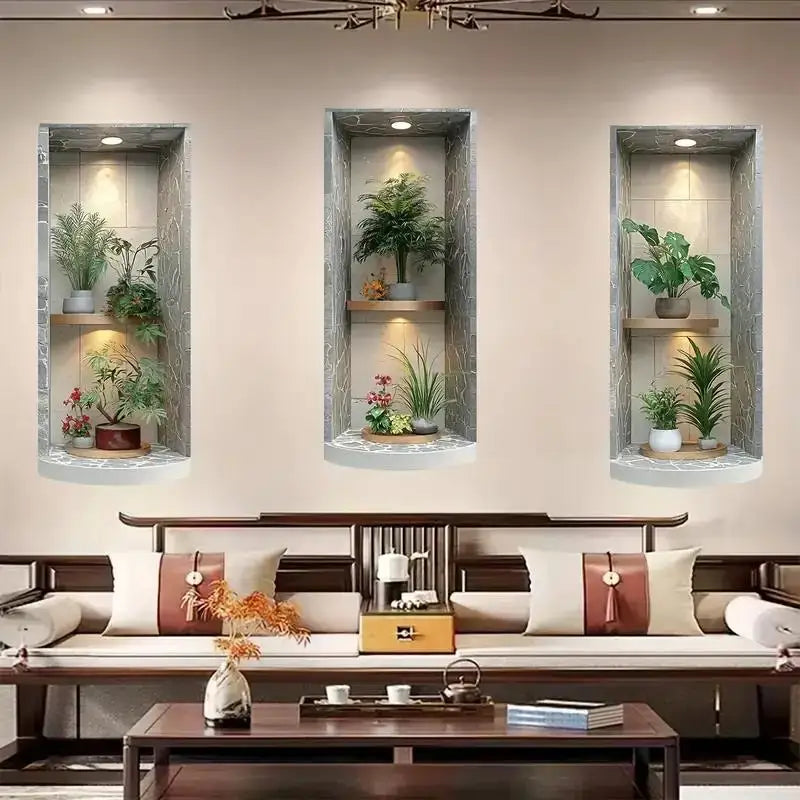 2D Faux Recessed Niche Wall Decals – Plant Marble Effect, 3pc Wall Decal Sticker Nixie