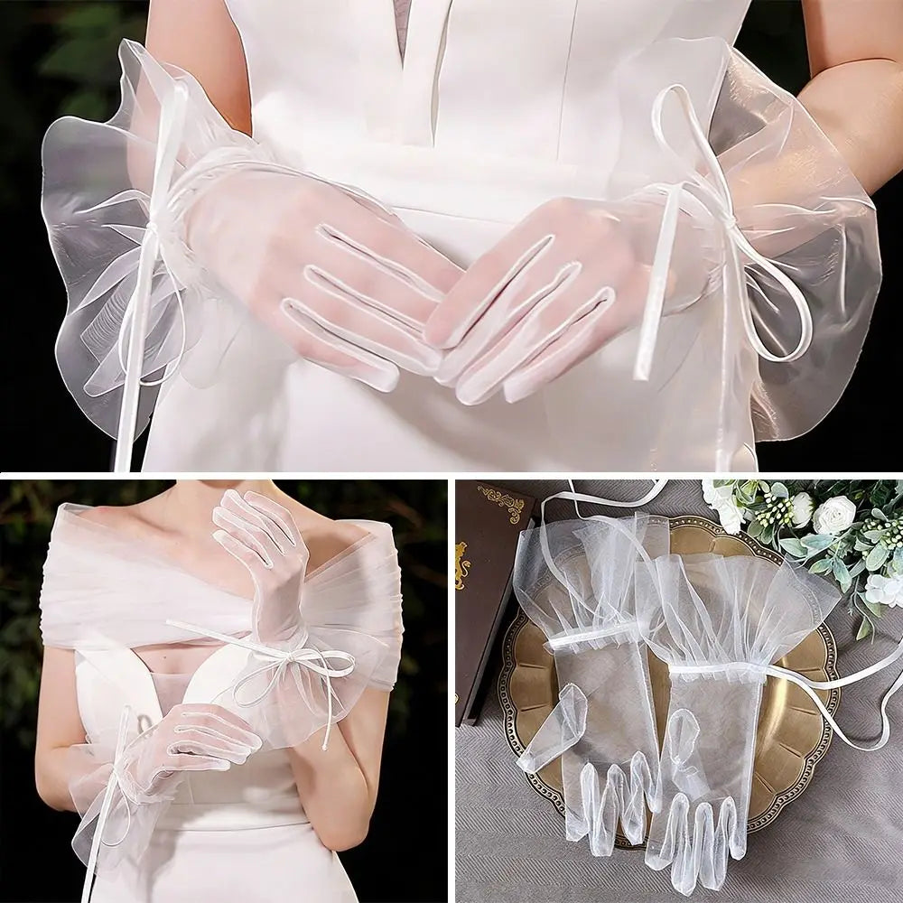 Elegant White Lace Bridal Gloves with Pearls & Ruffles Bridal Gloves Nixie