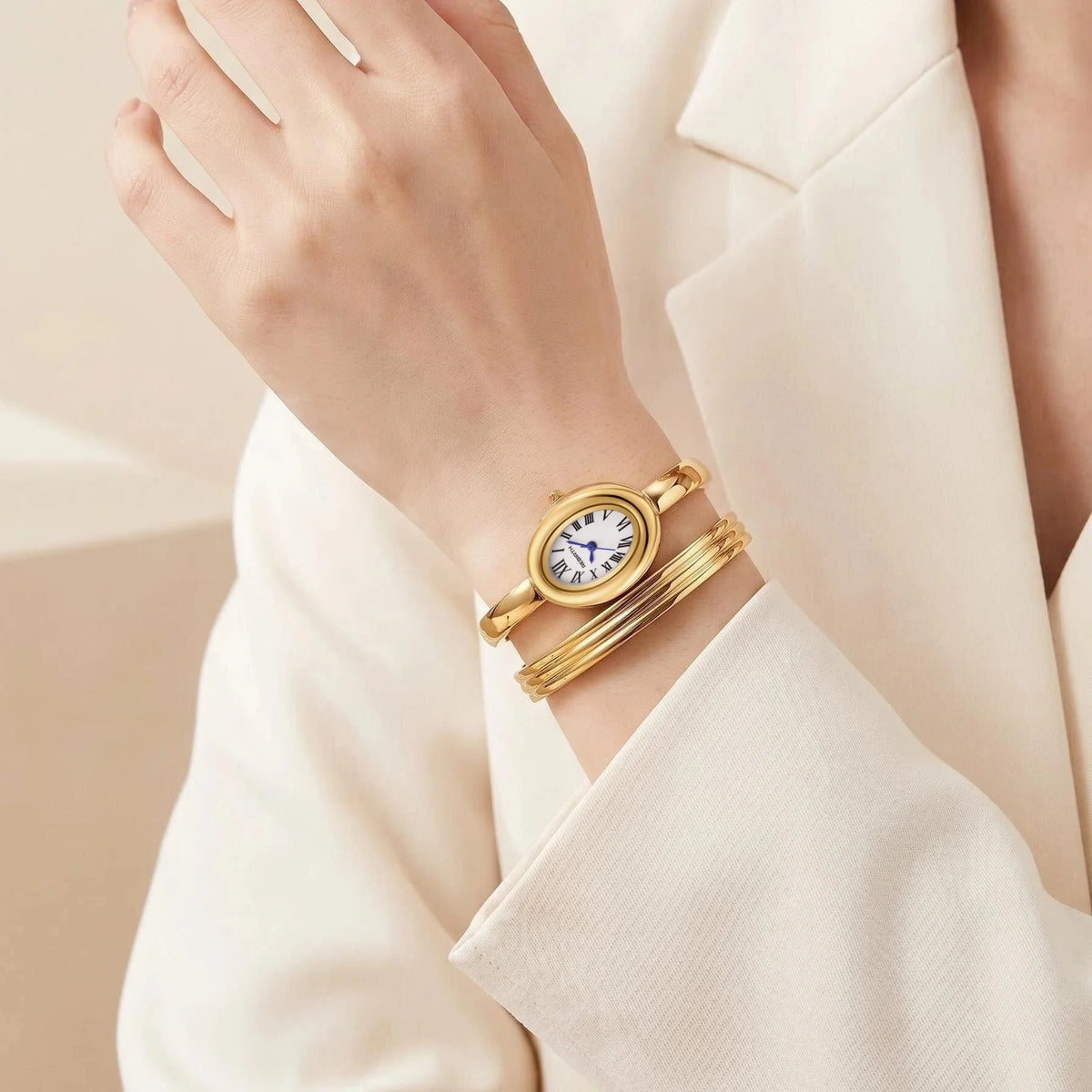 Women's Gold Watch & Bracelet Set – Quartz Roman Numeral