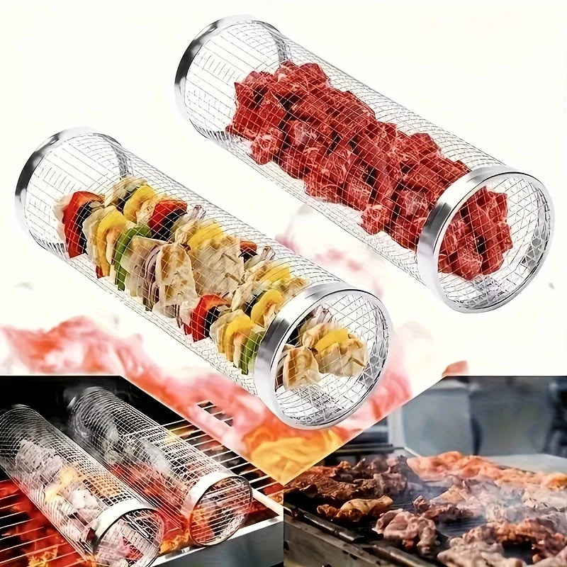 2pc Stainless Steel Rolling Grill Basket Set | BBQ Cylinder Mesh BBQ Grill Basket Nixie