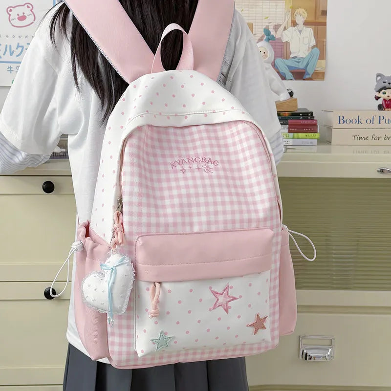 Nixie Star-Embroidered Plaid Backpack for Girls & Students