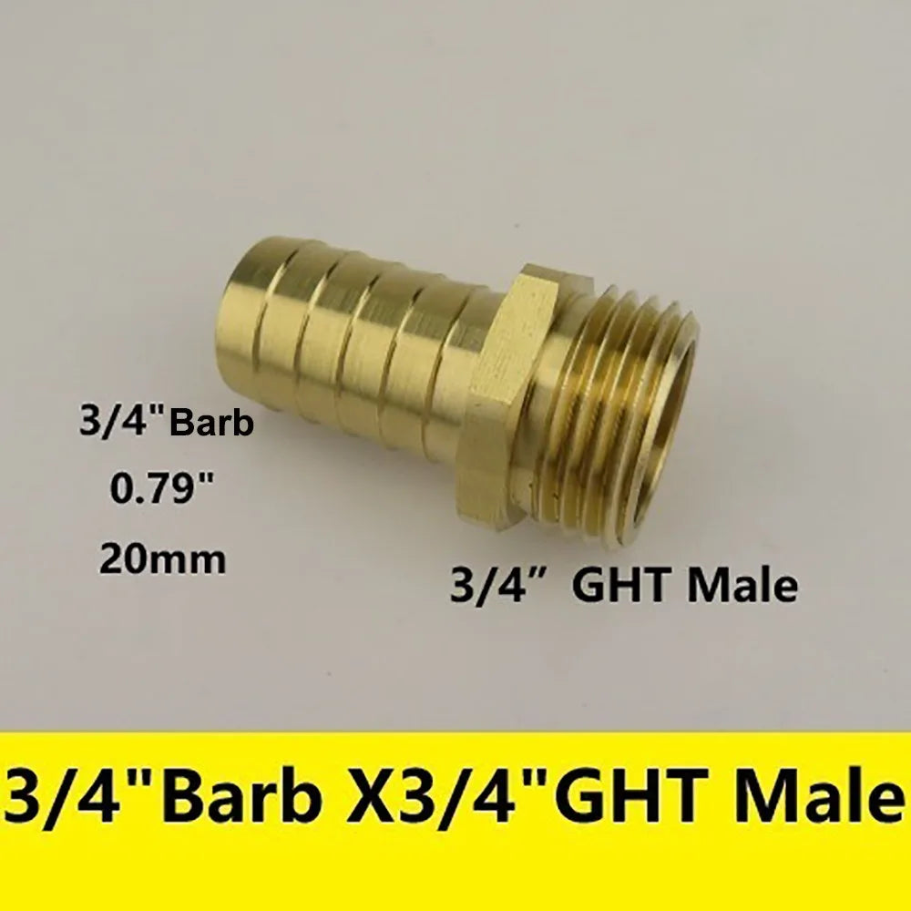 Brass Barb Fitting 3/8"–3/4" x 3/4" GHT Garden Hose Adapter Brass Hose Fitting Nixie 3-4-Barb x 3-4-GHT M