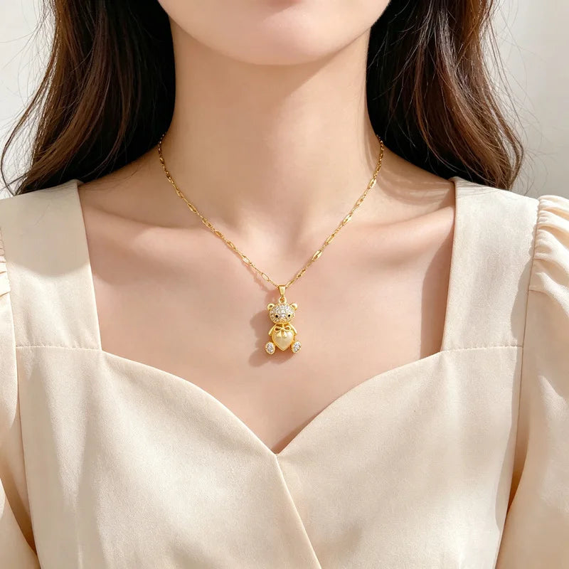 Heart Bear Pendant Choker Necklace – Gold Stainless Steel Pendant Necklace Nixie
