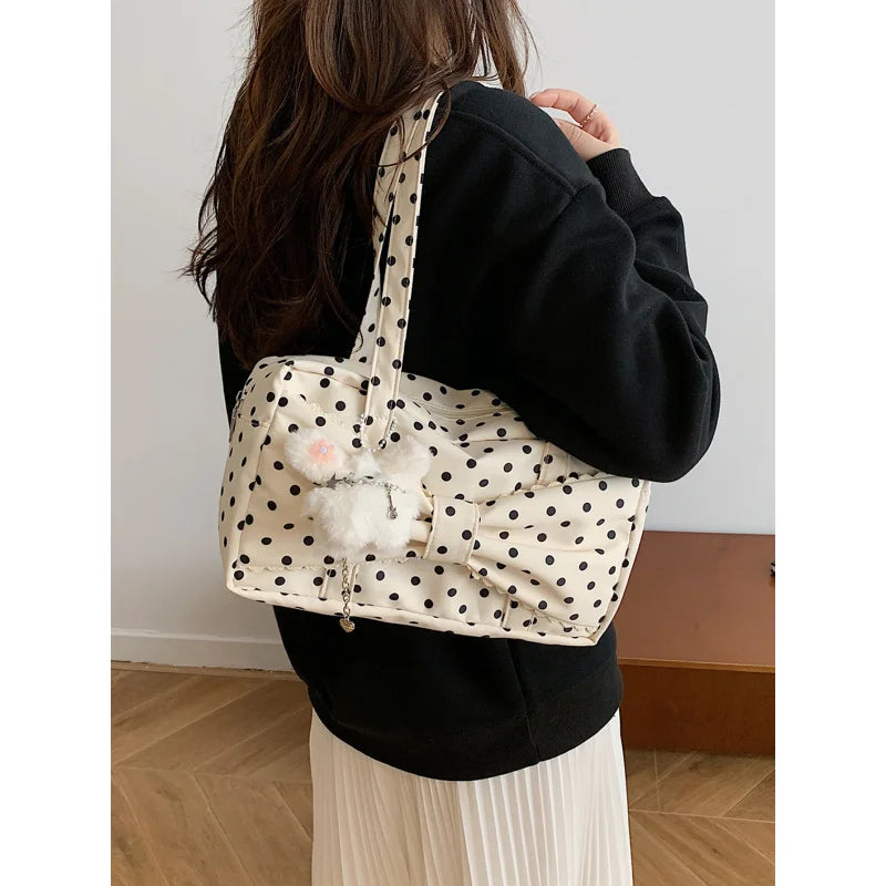 Nixie Polka Dot Canvas Shoulder Bag – Large Capacity Women