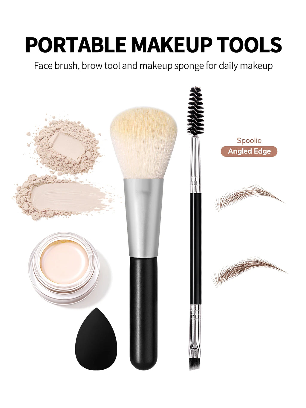 3-Piece Makeup Brush Set – Powder Brush, Eyebrow Brush & Puff Makeup Brush Set Nixie