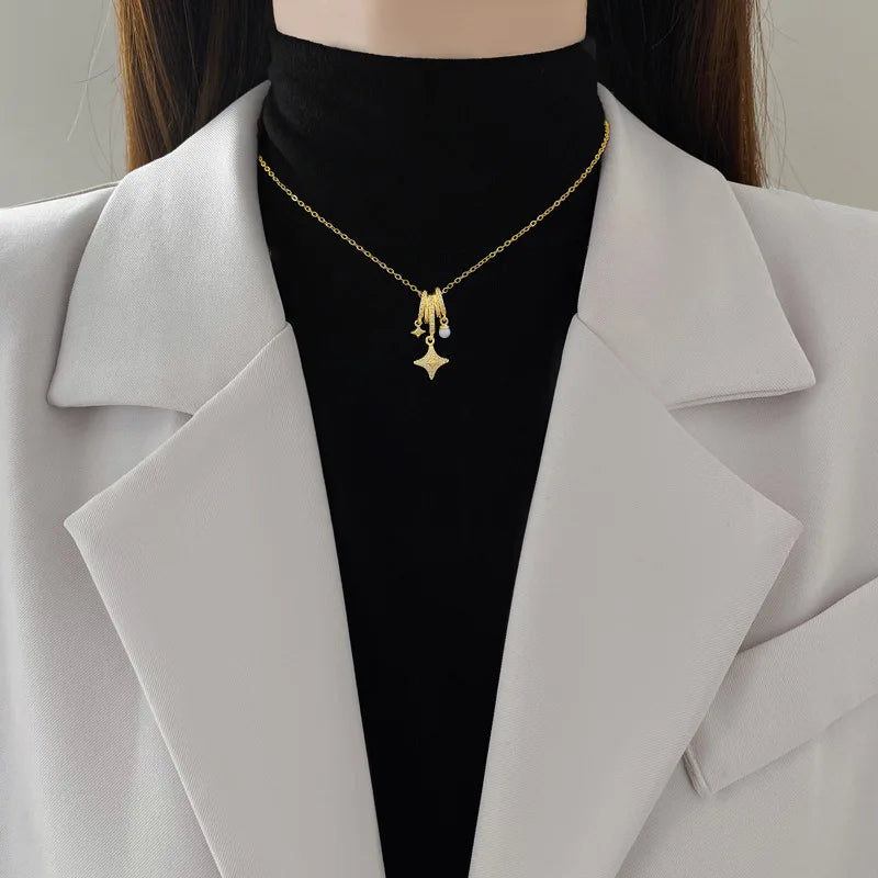Gold Star Pendant Choker Necklace – Stainless Steel & Zircon