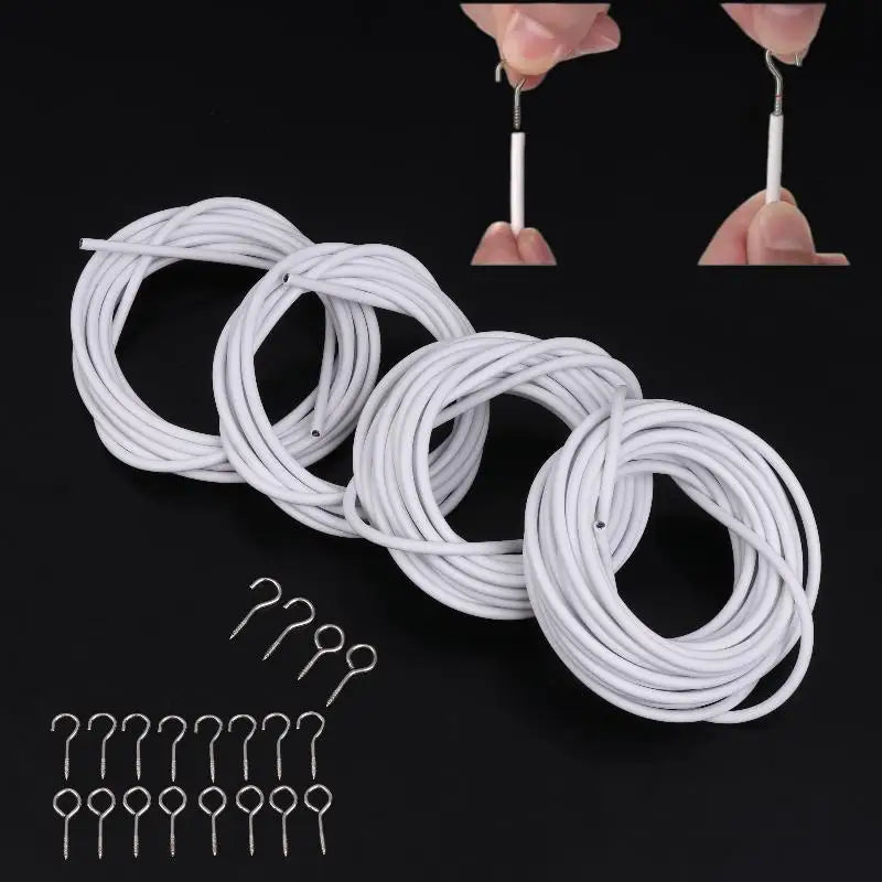 White PVC Steel Curtain Spring Wire with Hooks – 2/3/5/6m Curtain Wire Set Nixie