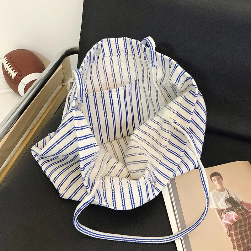 Korean Striped Canvas Tote Bag – Large Capacity Shoulder Bag Canvas Tote Bag Nixie