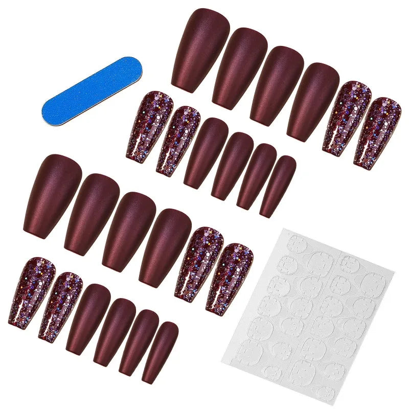 Wine Red Glitter Press-On Nails Crystal Finish L Size – 24 Pcs Press-On Nail Tips Nixie