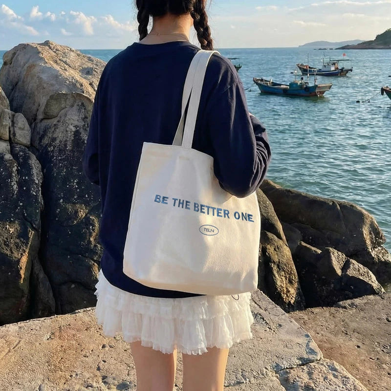 Embroidered Letter Canvas Tote Bag – Large Women's Shoulder Bag Canvas Tote Bag Nixie