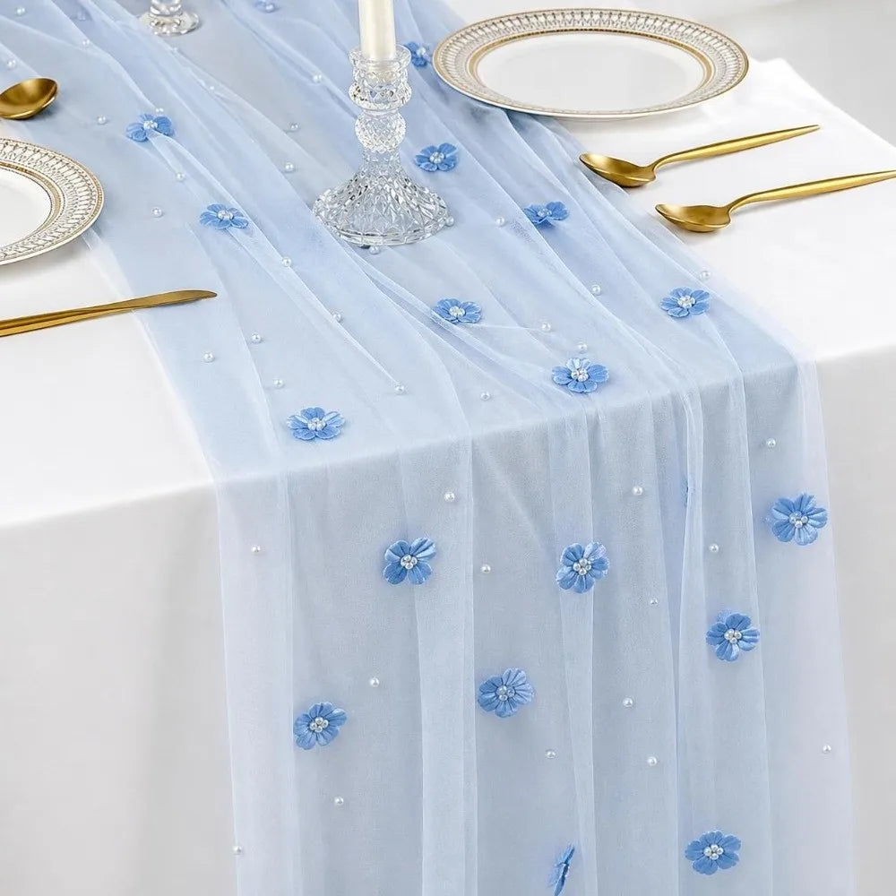 Tulle Table Runner 75x300cm Sheer Floral Embroidered Décor Table Runner Nixie Light Blue
