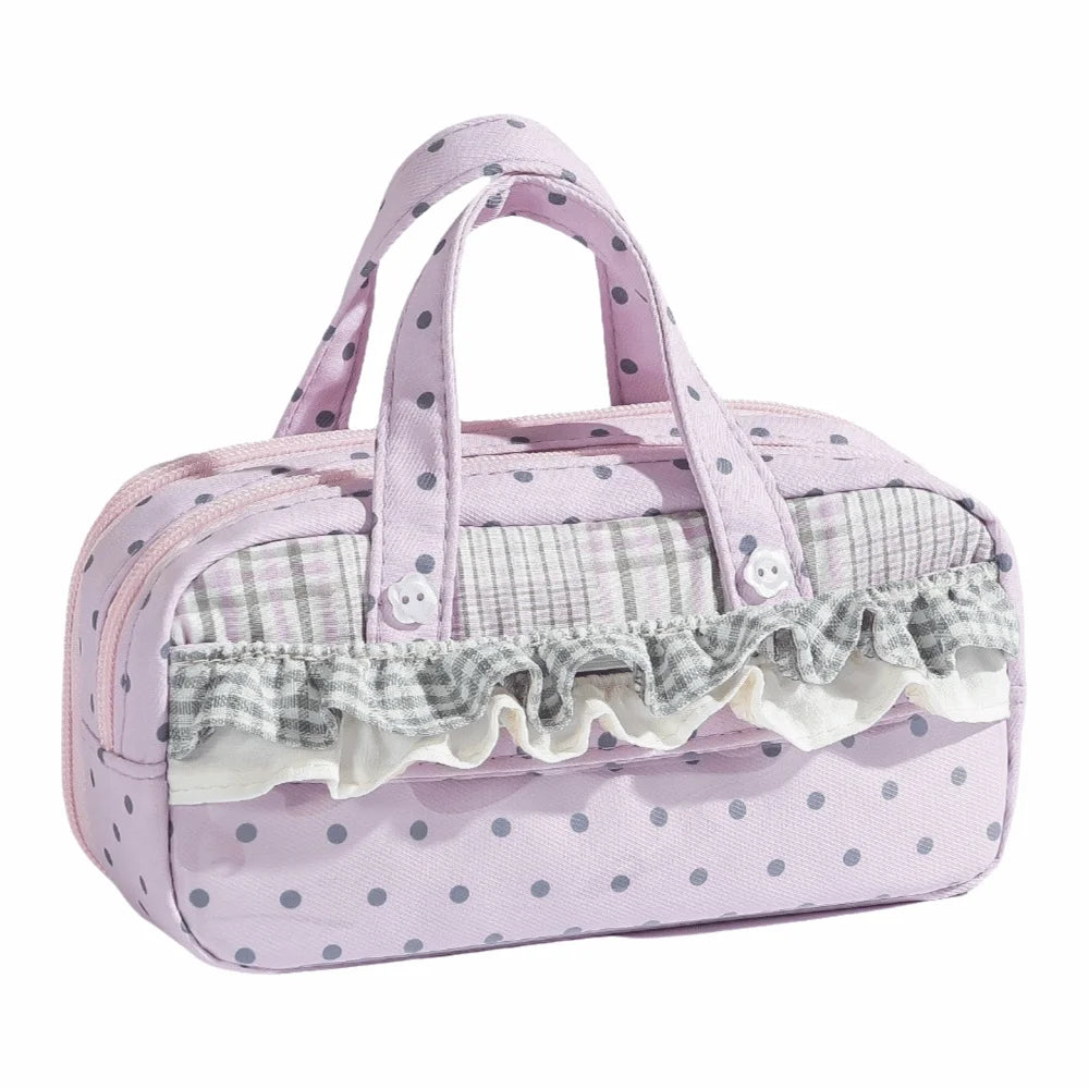 Ruffle Lace Polka Dot Pencil Case | 4-Layer Pen Bag Clear Window