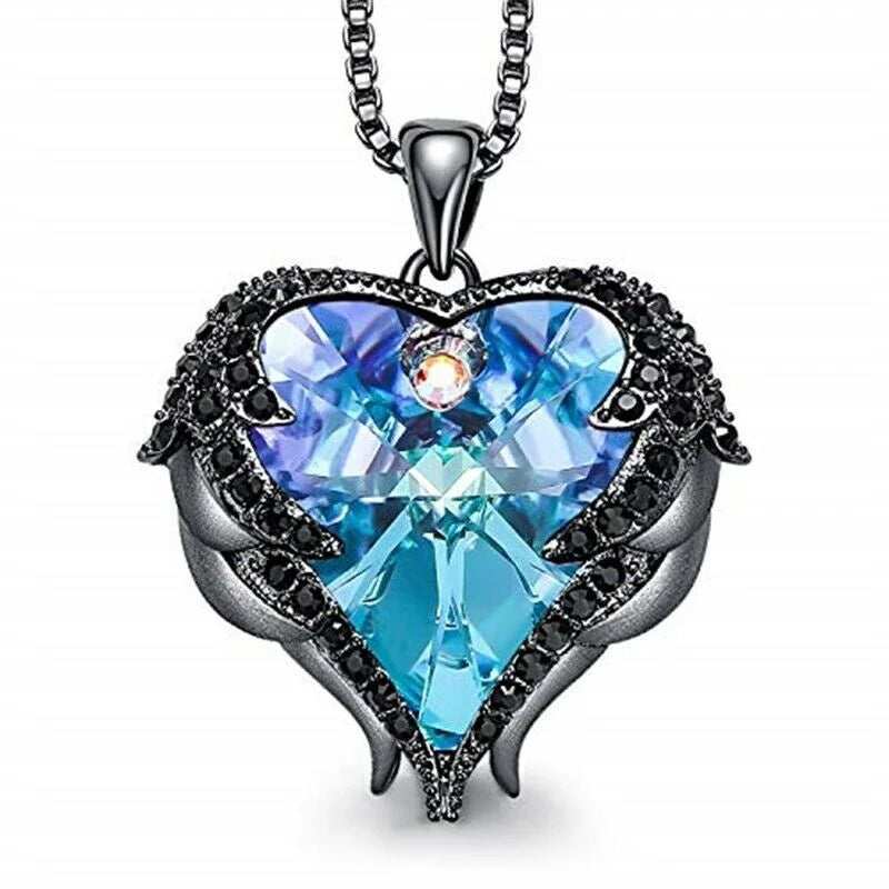 Angel Wing Heart Glass Pendant Necklace – Silver Zircon Pendant Necklace Nixie
