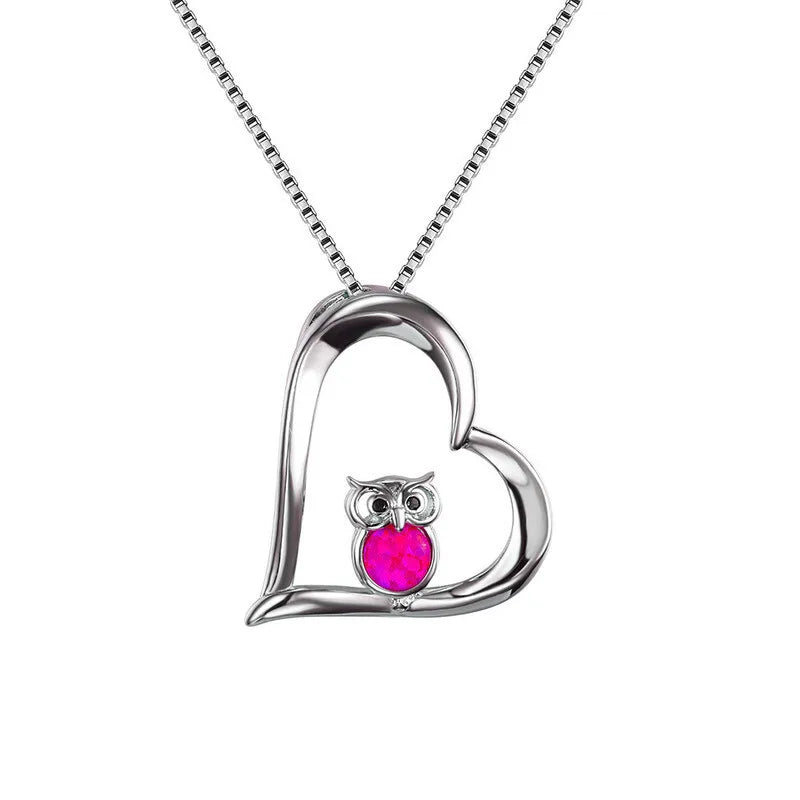 Owl Heart Pendant Necklace – Rose Red Simulated Opal Gift Pendant Necklace Nixie Pink