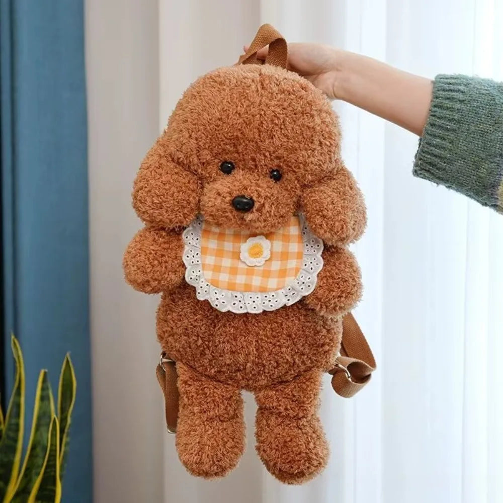 Kawaii Plush Teddy Dog Backpack – Cute Poodle Bag for Girls Plush Animal Backpack Nixie Brown-with Bib