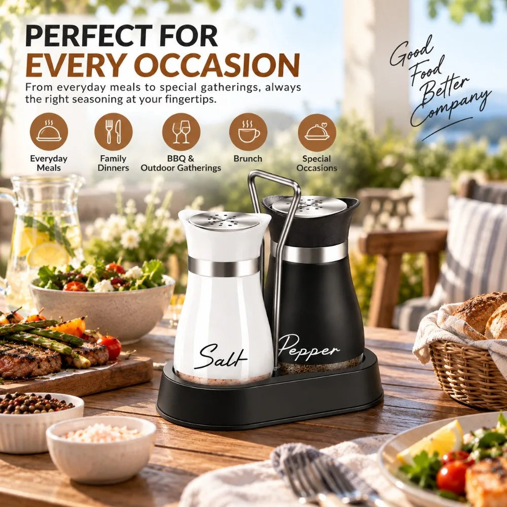 3-Piece Salt & Pepper Shaker Set with Stand – Farmhouse Spice Jar Salt & Pepper Shaker Set Nixie