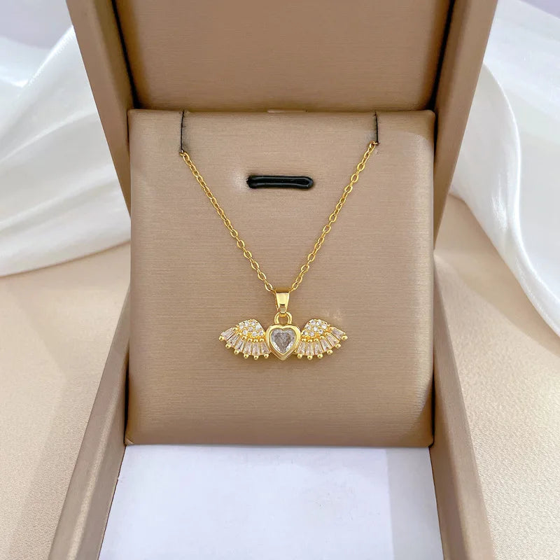 Angel Wings Pendant Necklace – Gold Stainless Steel & Zircon Pendant Necklace Nixie