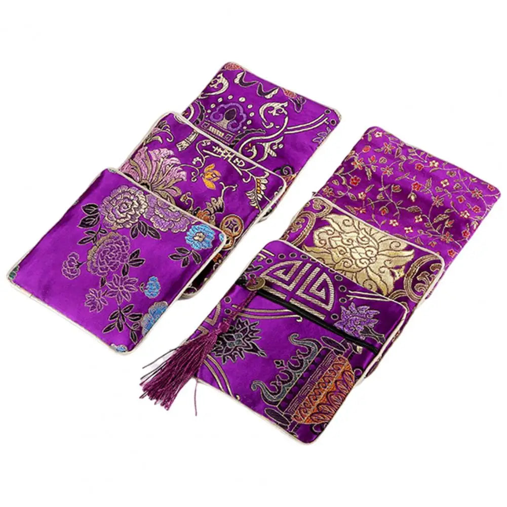 Chinese Brocade Embroidered Tassel Coin & Jewelry Pouch Brocade Zipper Pouch Nixie