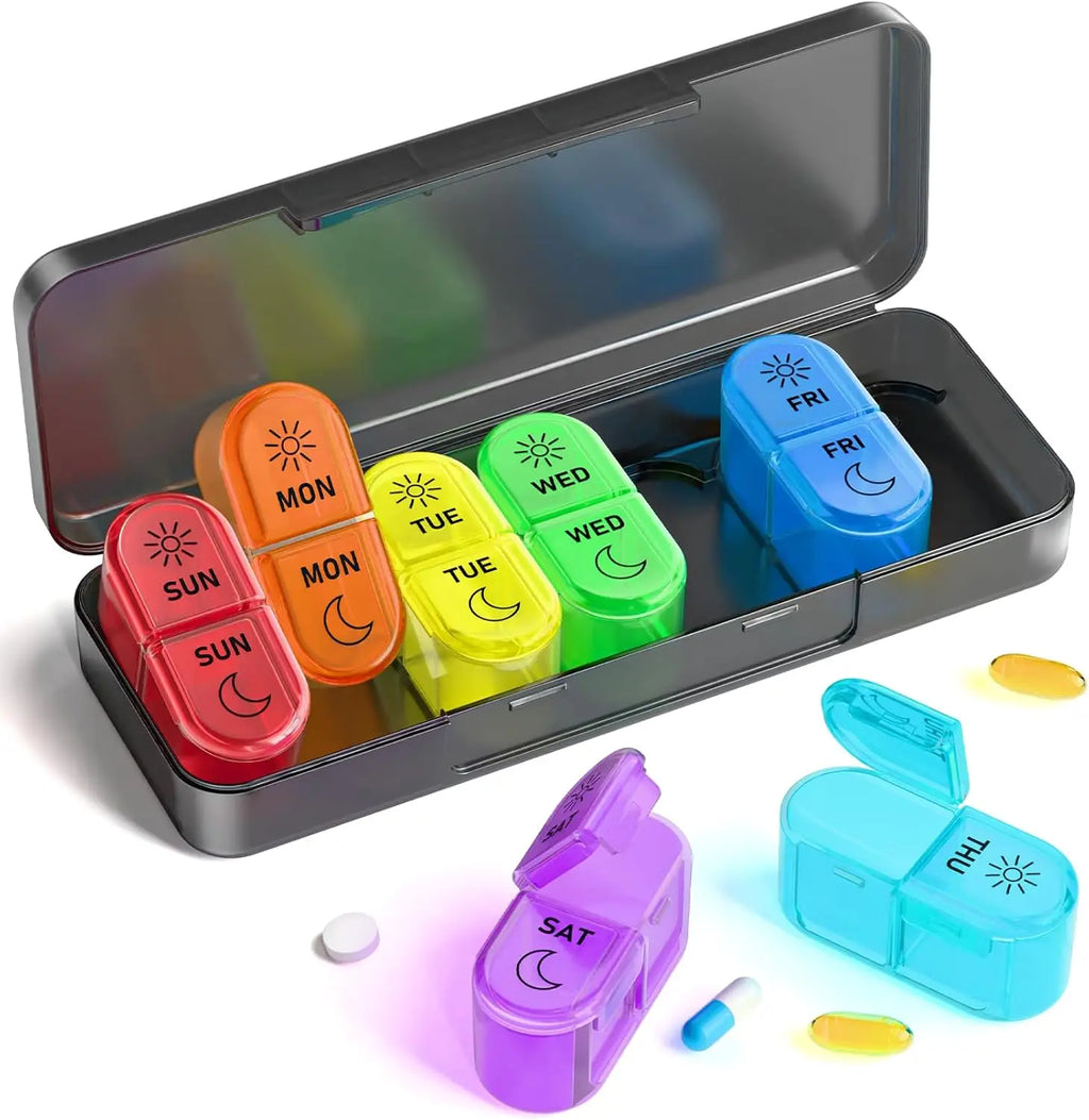 7-Day AM/PM Pill Organizer – 14-Compartment Weekly Pill Box Weekly Pill Organizer Nixie Rainbow