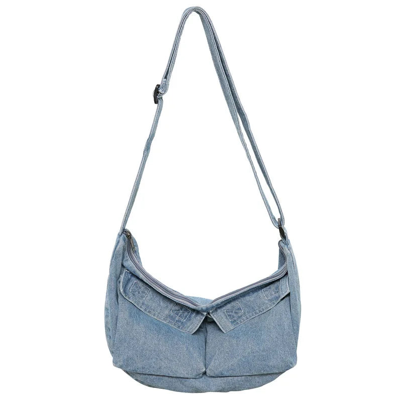 Japanese Retro Denim Crossbody Bag – Large Capacity Unisex Tote Crossbody Tote Bag Nixie BB-1318 Light Blue