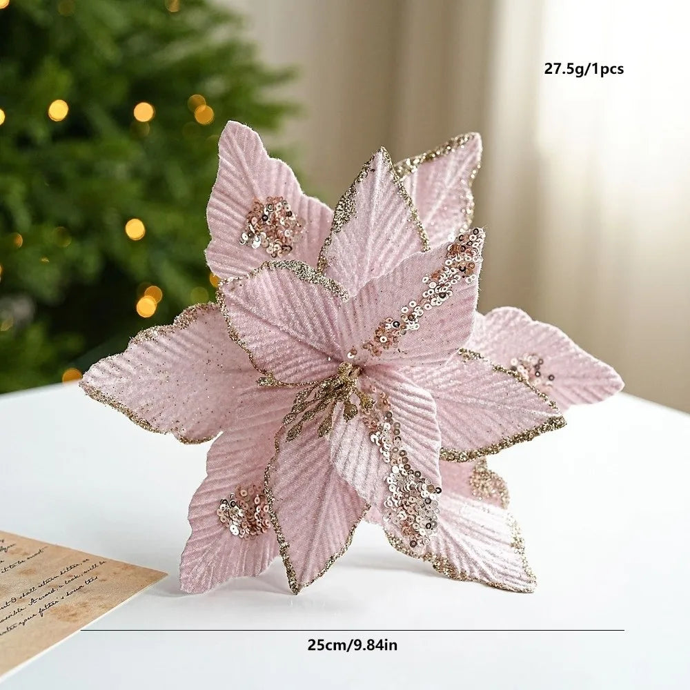 25cm Christmas Glitter Flower – Red & Gold Fake Bloom Decoration