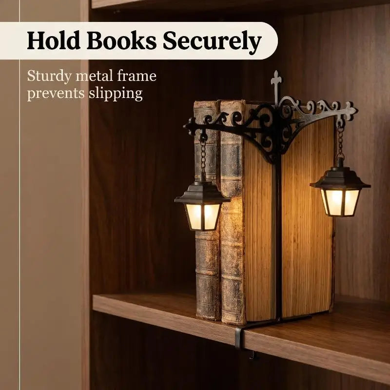 Vintage Metal Bookend Lantern with Warm LED Night Light Decorative Bookend Light Nixie