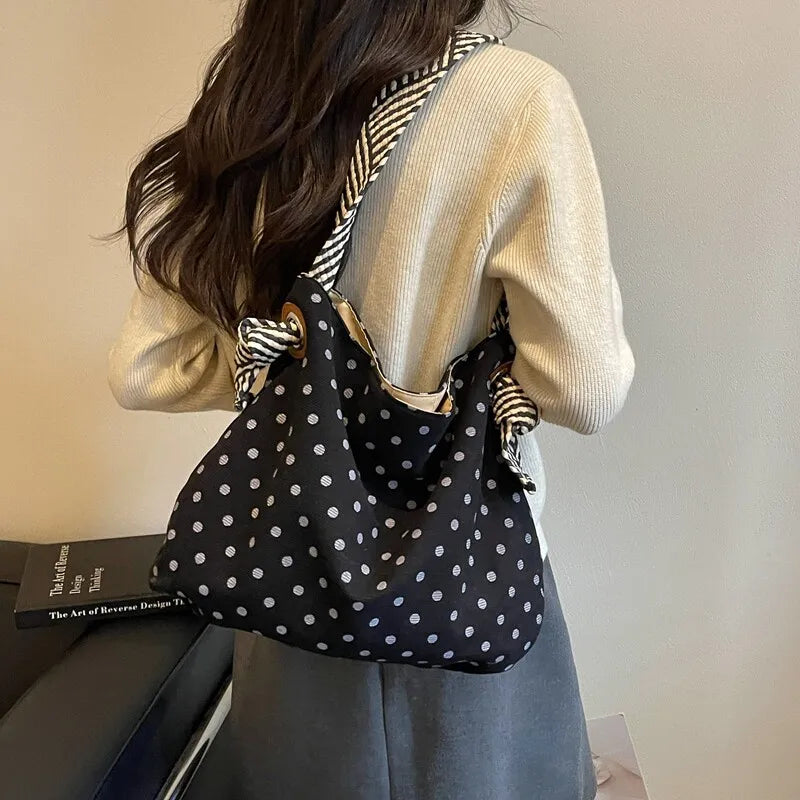 Korean Polka Dot Corduroy Tote Bag – Large Capacity