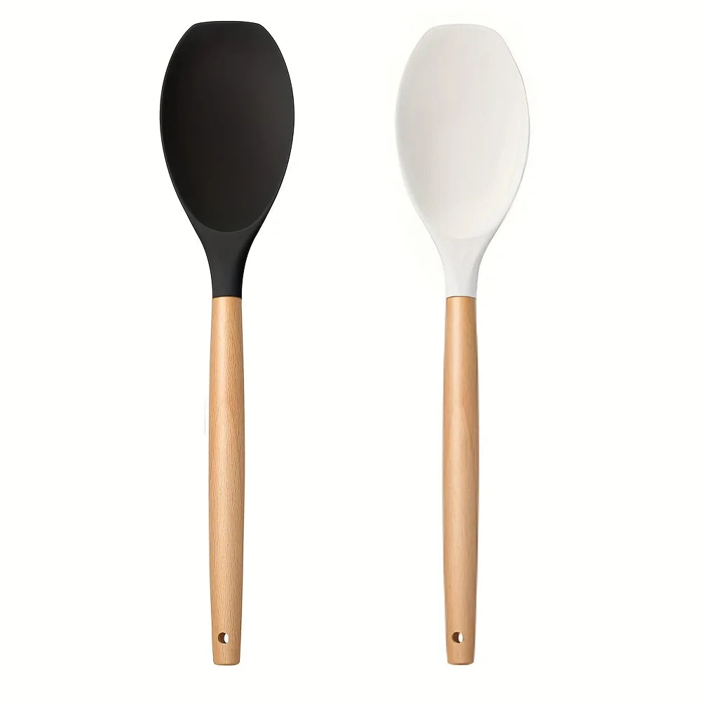 2pcs Silicone Spatula Spoons with Wooden Handle | Non-Stick Silicone Kitchen Utensils Nixie Light Grey