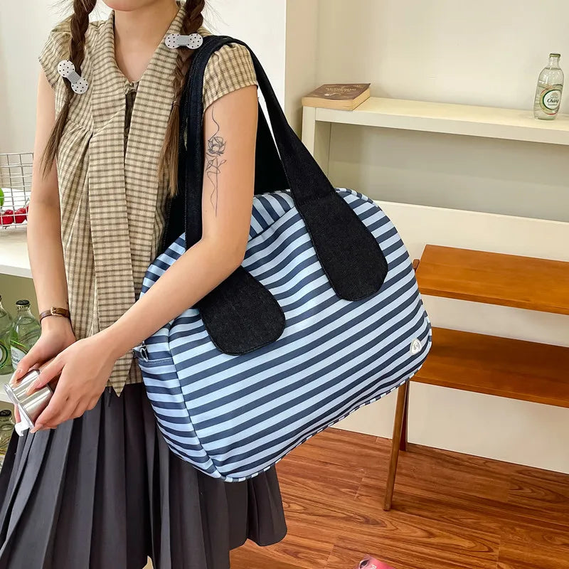 Vintage Striped Canvas Tote Bag | Korean-Style Shoulder Handbag Canvas Tote Bag Nixie