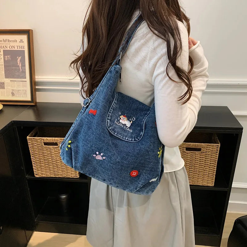 Large Embroidery Denim Crossbody Shoulder Bag for Women Denim Crossbody Bag Nixie