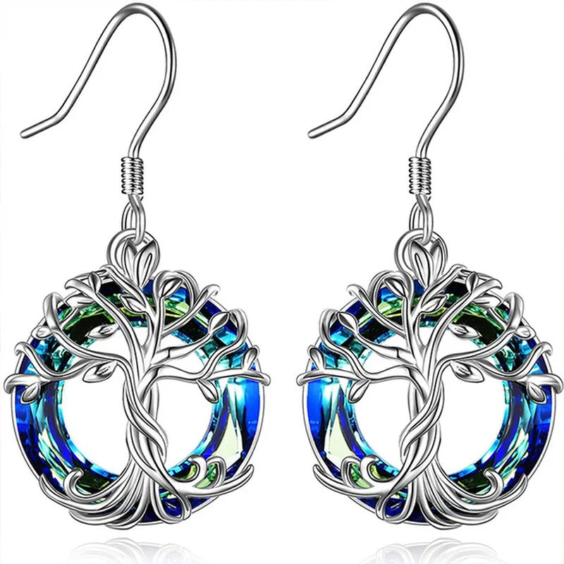 Celtic Tree of Life Crystal Drop Earrings – Gift for Women Crystal Drop Earrings Nixie Blue
