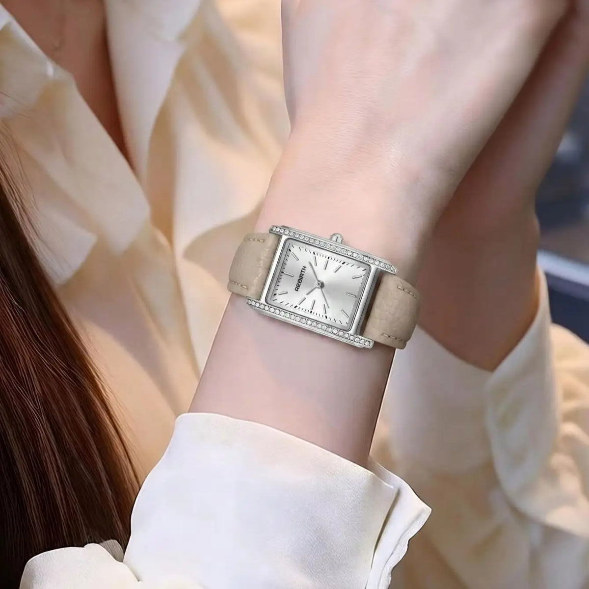 REBIRTH Women's Slim Square Dial Quartz Watch – Leather Strap Women's Quartz Watch Nixie