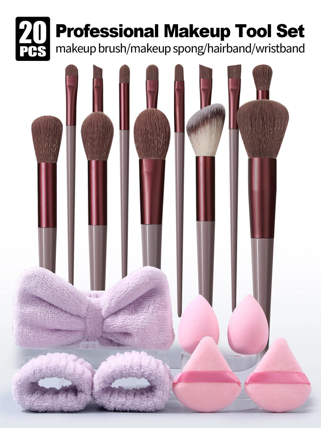 20Pc Makeup Brush Set – Sponges, Puffs, Hair Band Included Makeup Brush Set Nixie