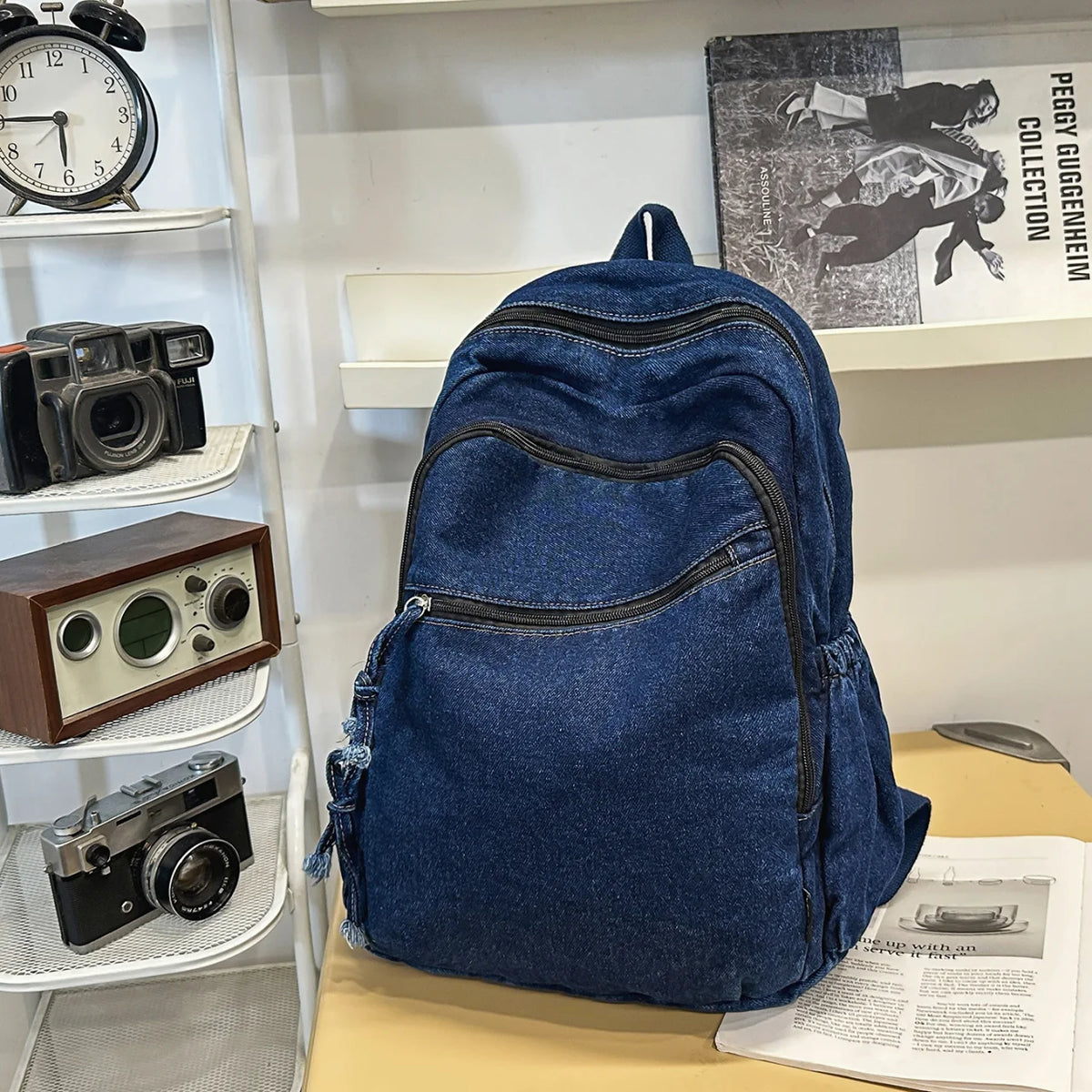 Vintage Denim Backpack – Korean Style Women's Casual Bag Denim Backpack Nixie BB-672-Dark Blue 12 inches