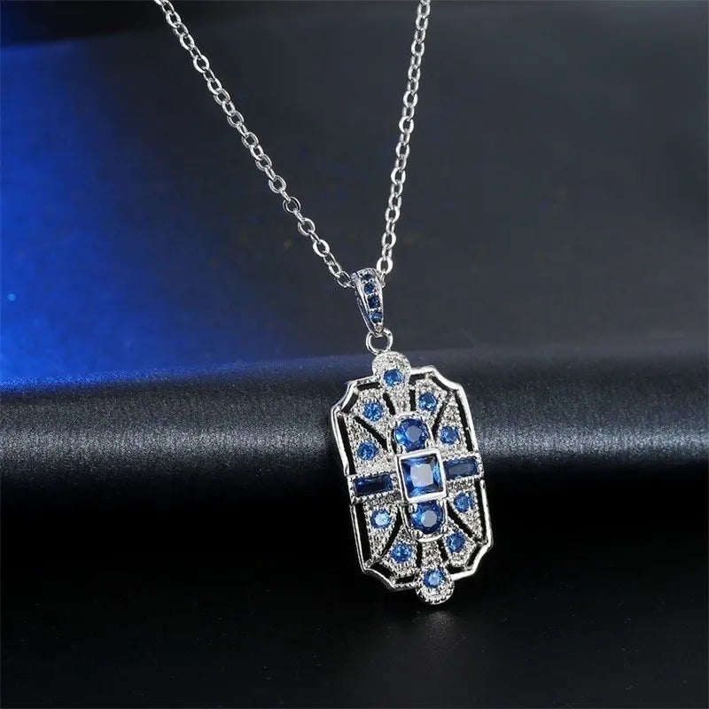 Vintage Blue Stone CZ Pendant Necklace – Women's Gift Pendant Necklace Nixie