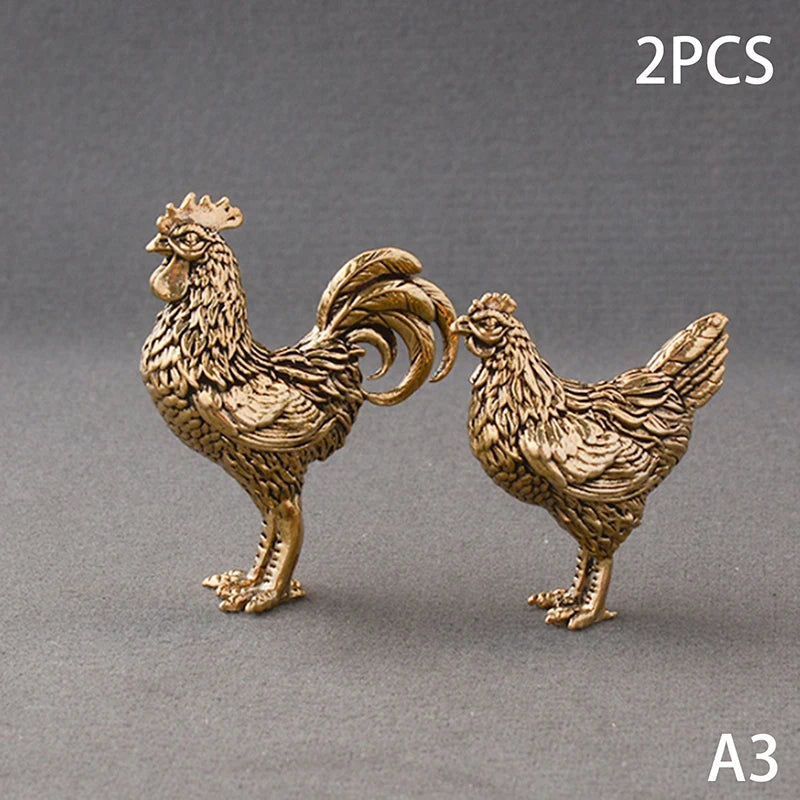 Solid Brass Rooster & Hen Miniature Statue Desk Ornament Miniature Figurine Nixie A3
