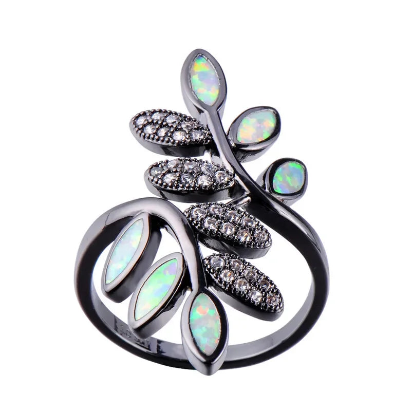 White Simulated Opal Zircon Ring – Black Gold Women's Jewelry