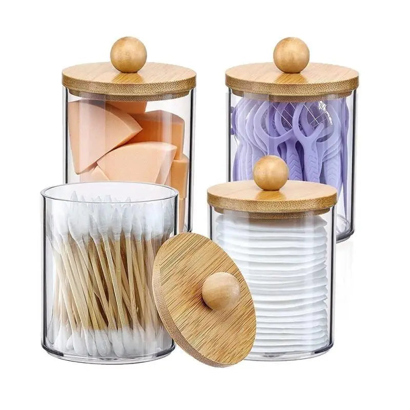 Cotton Swab Organizer Jar with Bamboo Lid | Clear & Dustproof