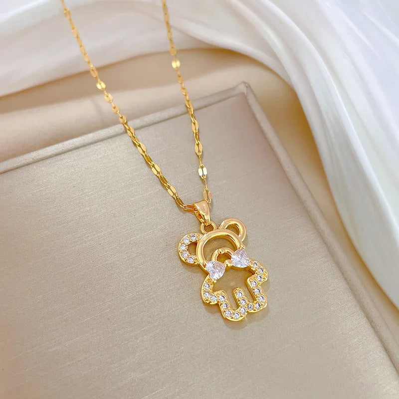 Luxury Bear Tie Pendant Necklace – Gold Stainless Steel Choker Pendant Necklace Nixie