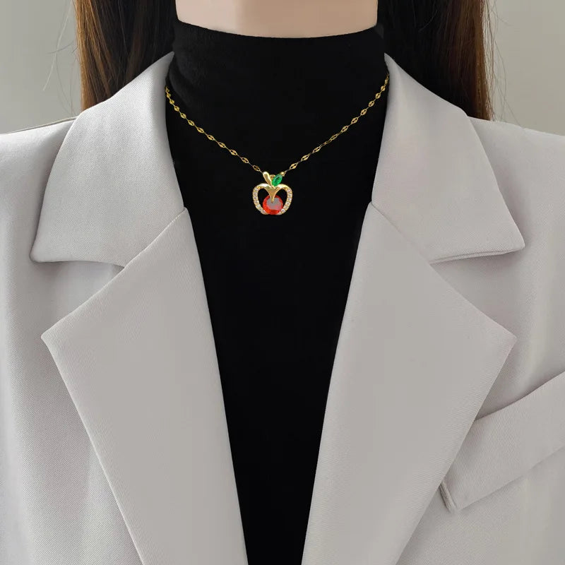 Red Apple Pendant Necklace Gold Stainless Steel Choker Women Pendant Necklace Nixie