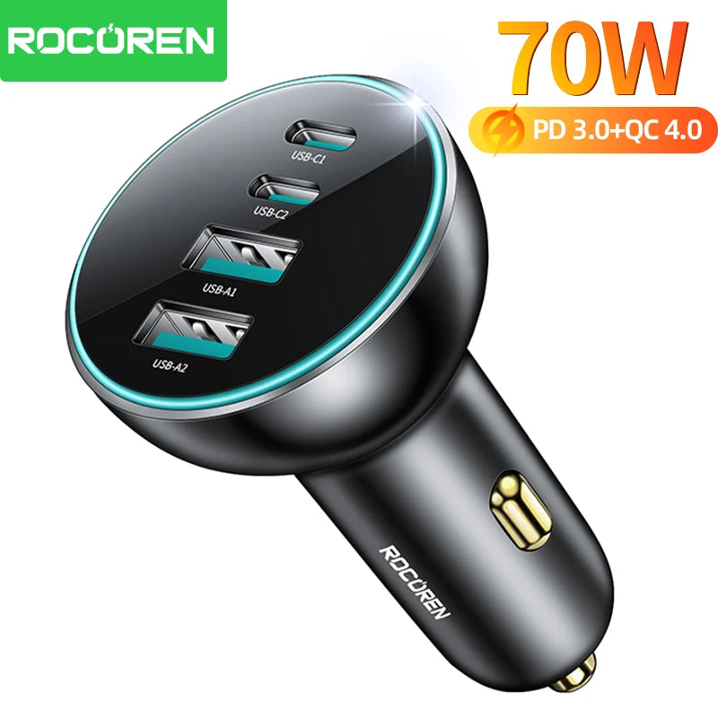 Rocoren 70W 4-in-1 USB-C Car Charger – PD & QC4.0 USB Car Charger Nixie
