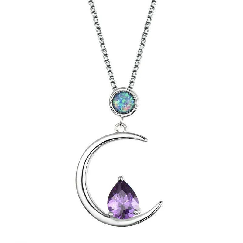 Aquamarine Blue Glass & Simulated Opal Pendant Necklace Pendant Necklace Nixie PurPle
