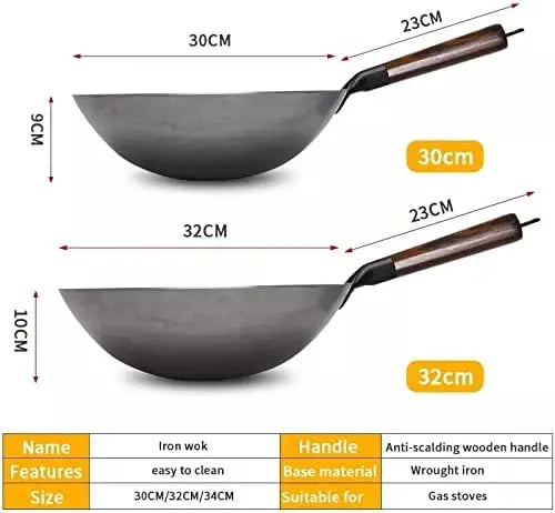 FEB.WIND Hand Forged Iron Wok – Non-Coating, Wooden Handle Iron Cooking Wok Nixie