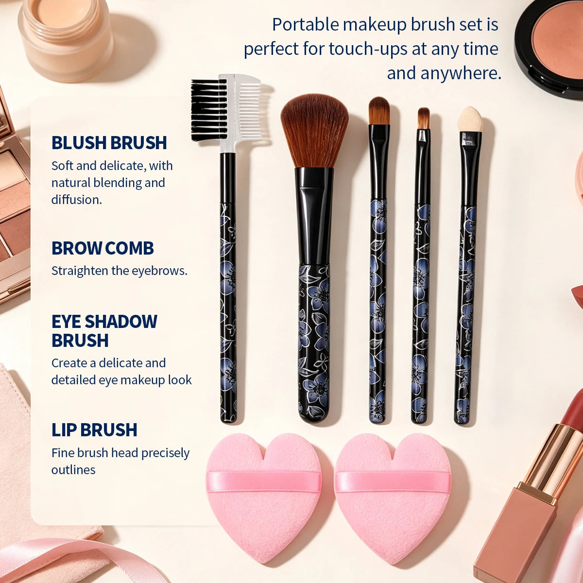 7Pcs Floral Makeup Brush Set & Heart Velvet Powder Puff Makeup Brush Set Nixie