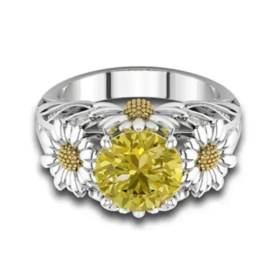 3.5Ct Zircon Citrine Daisy Ring Silver-Plated Unisex Sizes 6-10 Fashion Ring Nixie