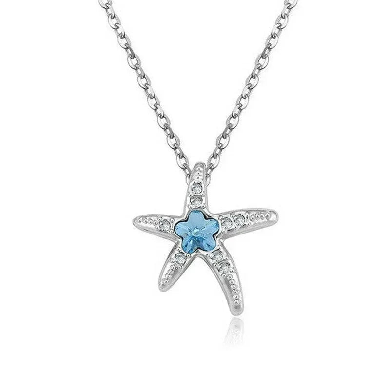 Silver Blue Crystal Starfish Pendant Charm Necklace for Women