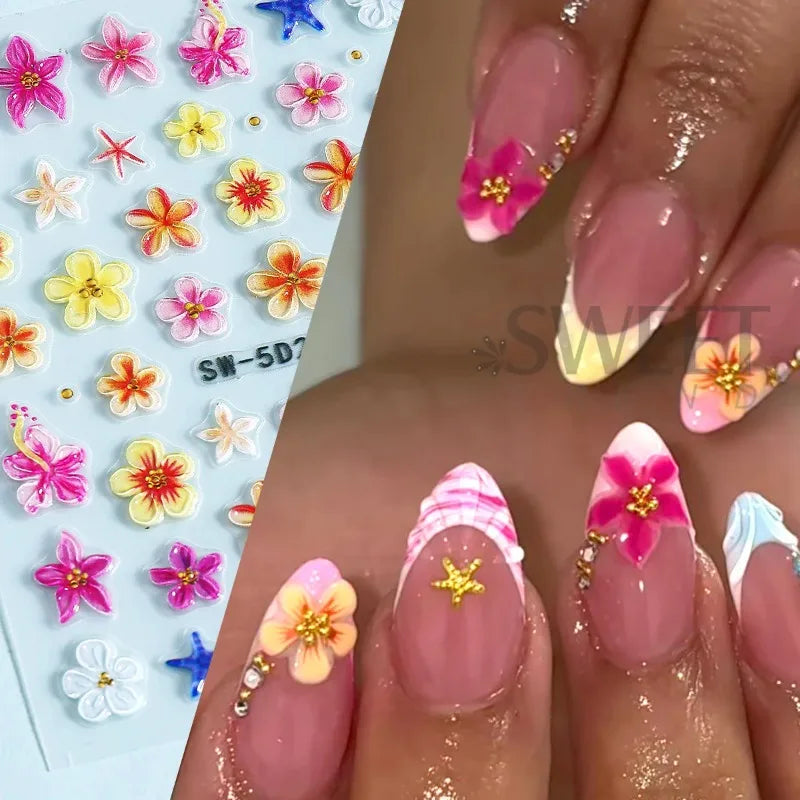 5D Embossed Nail Stickers – Tropical Floral & Starfish Decals Nail Art Stickers Nixie