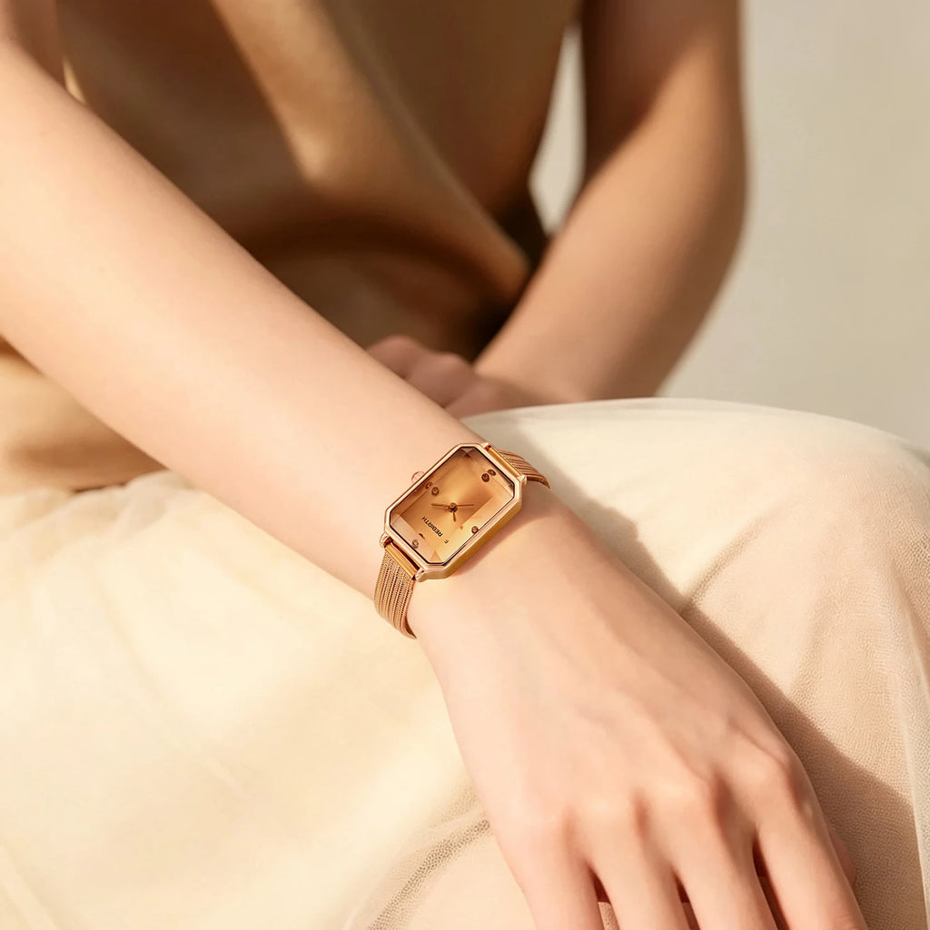 Women's Retro French Mesh Watch – Rhinestone Rectangle Dial Mesh Strap Watch Nixie
