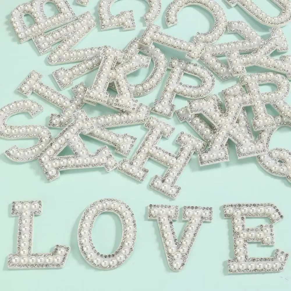 Pearl Rhinestone Letter Patches – Adhesive Non-Woven Appliqué Craft Letter Patches Nixie